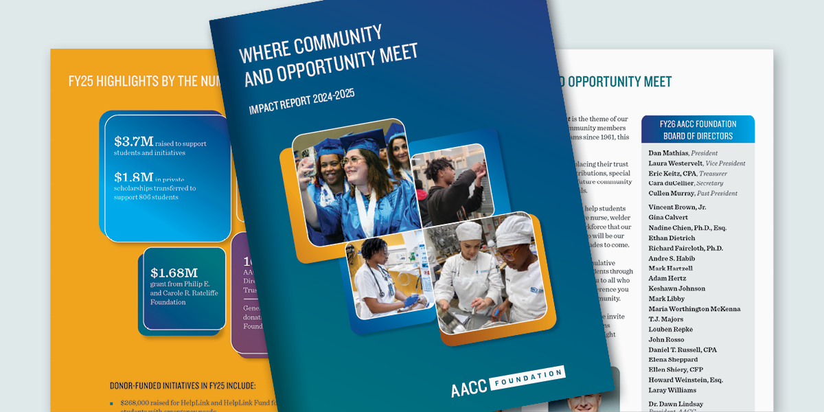 Cover of the AACC Foundation's Impact Report with text that says, 