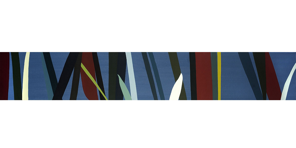 Abstract painting featuring vertical, overlapping shapes in red, blue, green, and white on a blue background, arranged in a horizontal composition.